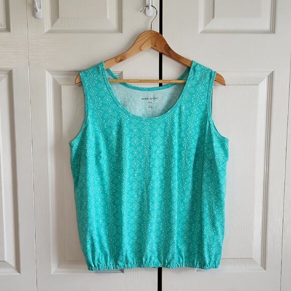 Woman Within Tops - Woman Within Turquoise Geometric Sleeveless Top Size LG Elastic Waistband Comfy